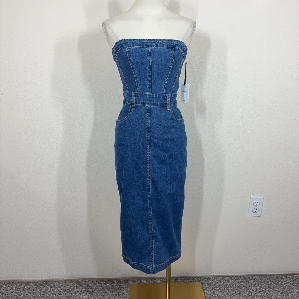 Forever 21 Dress Womens Small Blue Denim Strapless Bodycon Midi Pockets Corset